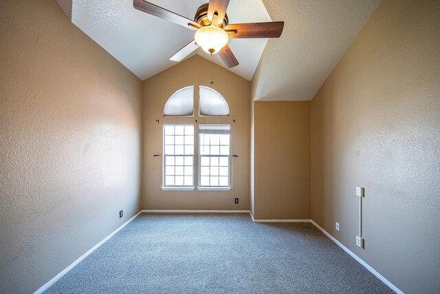 42443 Surrey Ct, Quartz Hill, CA 93536 - spare room with ceiling fan, a textured wall, carpet floors, baseboards, and vaulted ceiling
