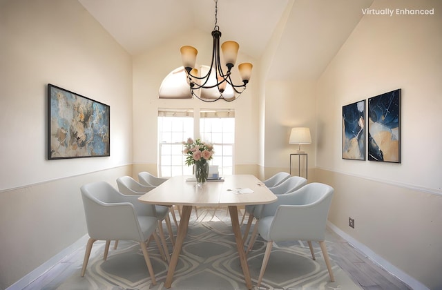 42443 Surrey Ct, Quartz Hill, CA 93536 - dining room featuring lofted ceiling, baseboards, a chandelier, and wood finished floors