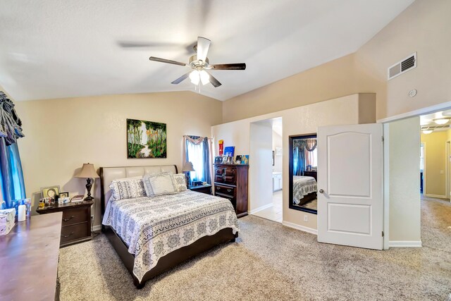 39884 Golfers Dr, Palmdale, CA 93551 - bedroom with vaulted ceiling, carpet, a ceiling fan, connected bathroom, and baseboards