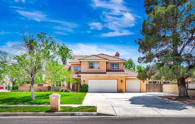39884 Golfers Dr, Palmdale, CA 93551 - view of front of home with a chimney, stucco siding, driveway, a tile roof, and an attached garage