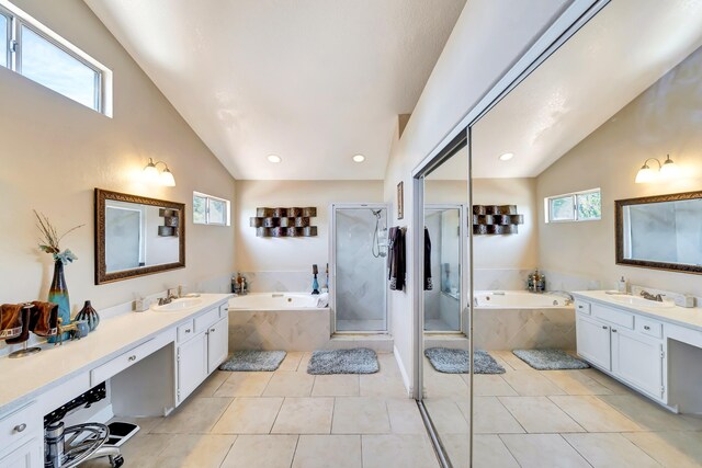 39884 Golfers Dr, Palmdale, CA 93551 - full bath featuring lofted ceiling, a garden tub, vanity, a shower stall, and recessed lighting