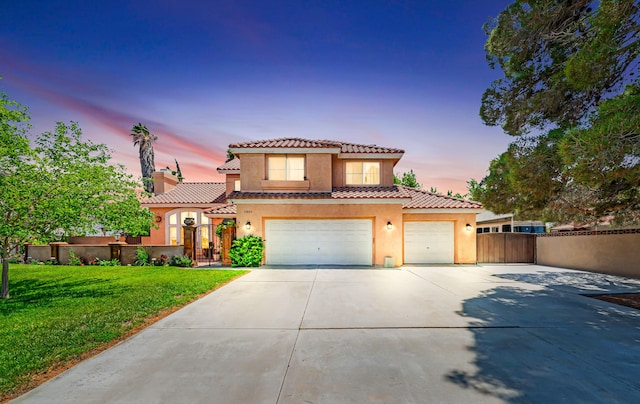 39884 Golfers Dr, Palmdale, CA 93551 - mediterranean / spanish house with driveway, stucco siding, a tiled roof, a chimney, and a garage