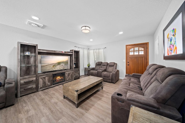 living room with a fireplace and light hardwood / wood-style floors