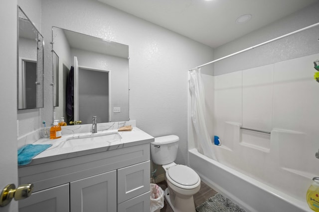 full bathroom with vanity, toilet, shower / tub combo, and hardwood / wood-style floors