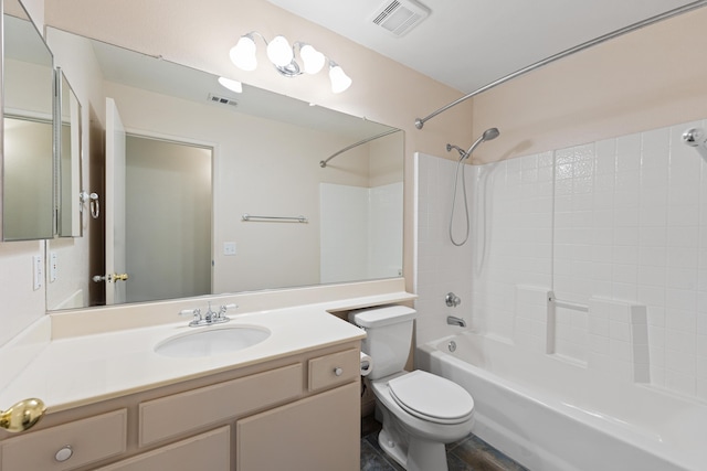 bathroom with visible vents, vanity, toilet, and shower / bathtub combination