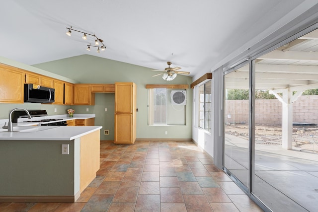 kitchen with stainless steel microwave, vaulted ceiling, stove, and a healthy amount of sunlight