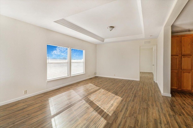 spare room with a raised ceiling and dark wood-type flooring