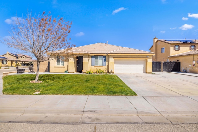 ranch-style home featuring a front lawn, driveway, a gate, and stucco siding