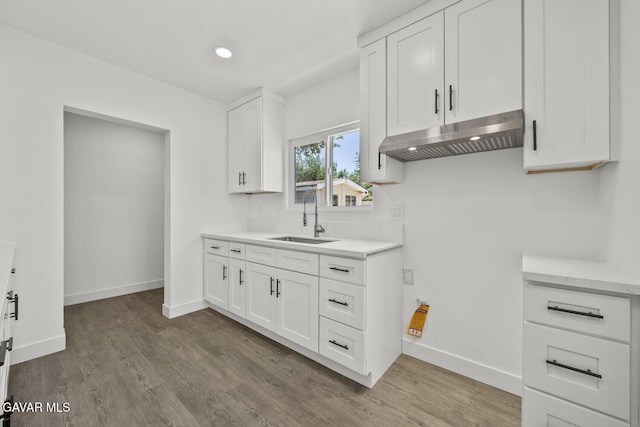 35114 E 82nd St Unit E, Littlerock, CA 93543 - kitchen with under cabinet range hood, white cabinetry, wood finished floors, and recessed lighting