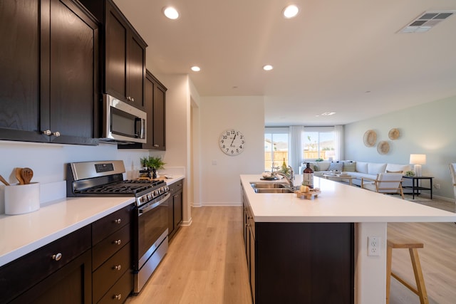 kitchen featuring a kitchen island with sink, visible vents, appliances with stainless steel finishes, a sink, and open floor plan