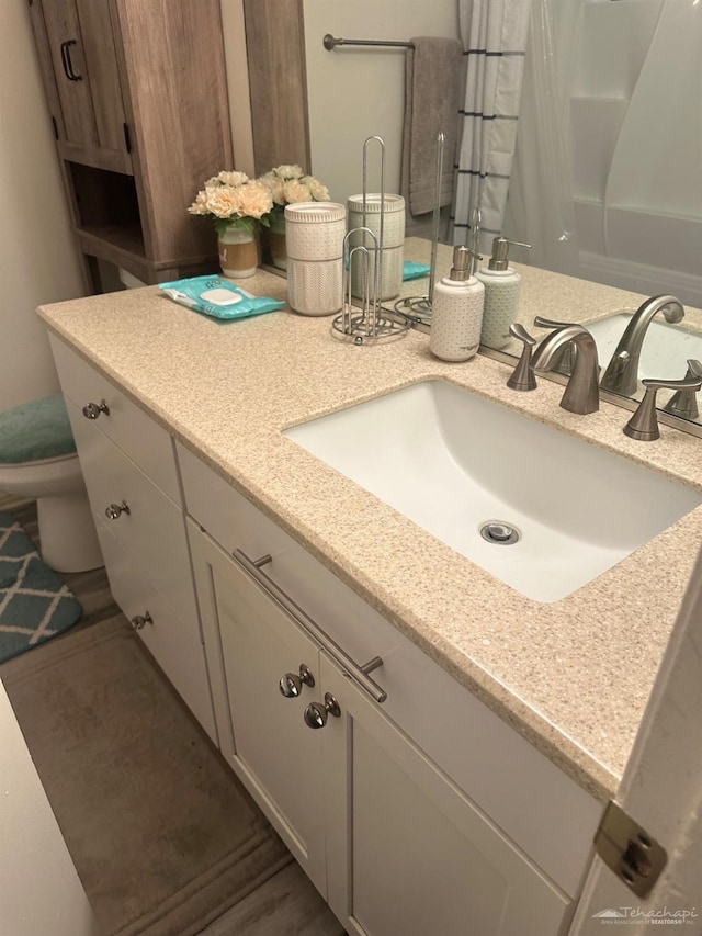bathroom featuring vanity, a shower with curtain, and toilet