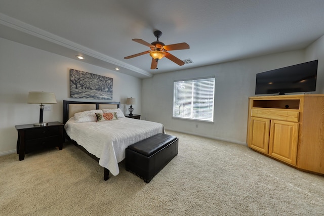 bedroom with light carpet, baseboards, recessed lighting, and a ceiling fan