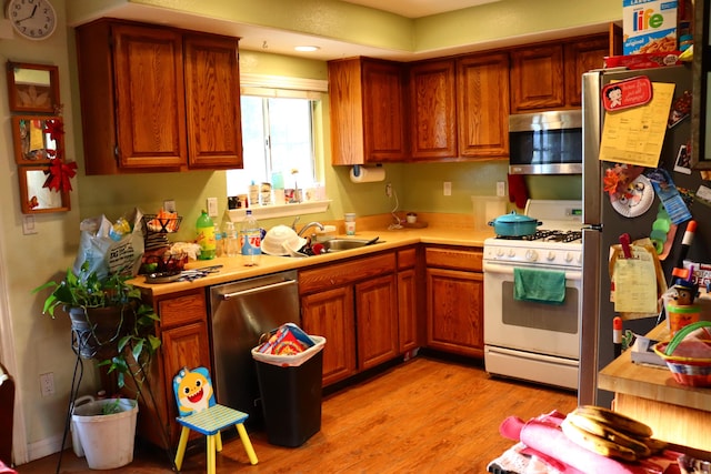 kitchen with light wood-type flooring, stainless steel appliances, and sink