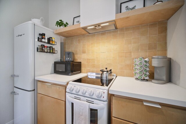 18133 Ellstree Dr, Lake Hughes, CA 93532 - kitchen featuring white appliances, decorative backsplash, open shelves, light countertops, and custom range hood