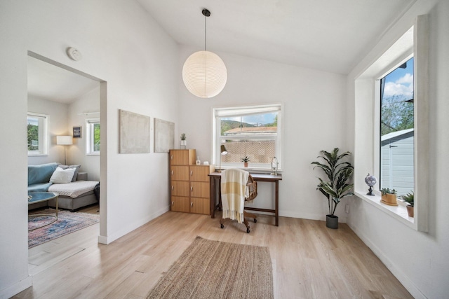 18133 Ellstree Dr, Lake Hughes, CA 93532 - office featuring wood finished floors, baseboards, and high vaulted ceiling
