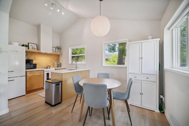 18133 Ellstree Dr, Lake Hughes, CA 93532 - dining space featuring light wood-style floors, lofted ceiling, plenty of natural light, and baseboards