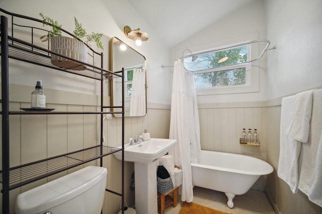 18133 Ellstree Dr, Lake Hughes, CA 93532 - bathroom with a soaking tub, vaulted ceiling, toilet, wainscoting, and a shower with shower curtain