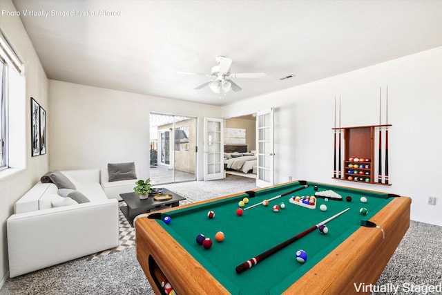 3112 Echo Dr, Rosamond, CA 93560 - rec room with french doors, carpet, plenty of natural light, and ceiling fan