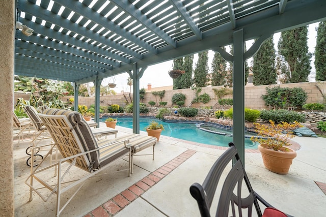 view of pool featuring a hot tub, a patio, and a pergola