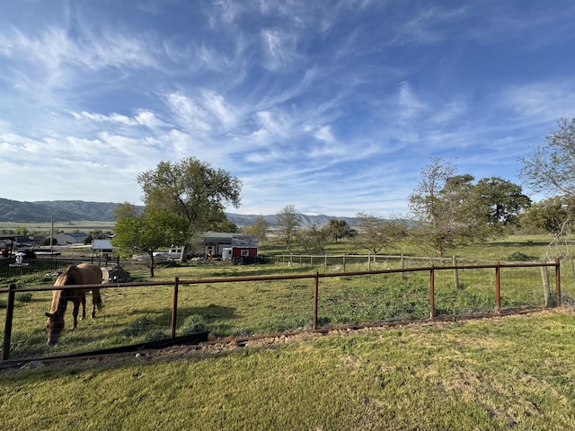 view of yard featuring fence, a mountain view, and a rural view