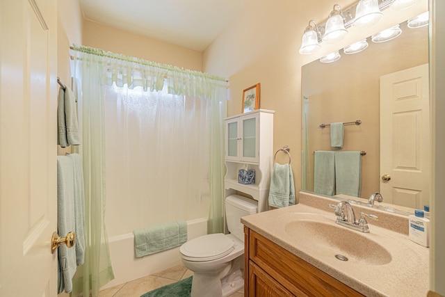 full bathroom with toilet, shower / bath combo, vanity, and tile patterned floors