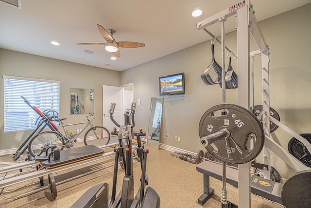 exercise area with ceiling fan