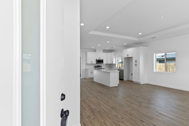 kitchen with white cabinets, wood finished floors, recessed lighting, appliances with stainless steel finishes, and a tray ceiling