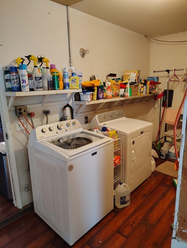 43861 W Elm Ave, Lancaster, CA 93534 - laundry room with washer and dryer and dark wood finished floors