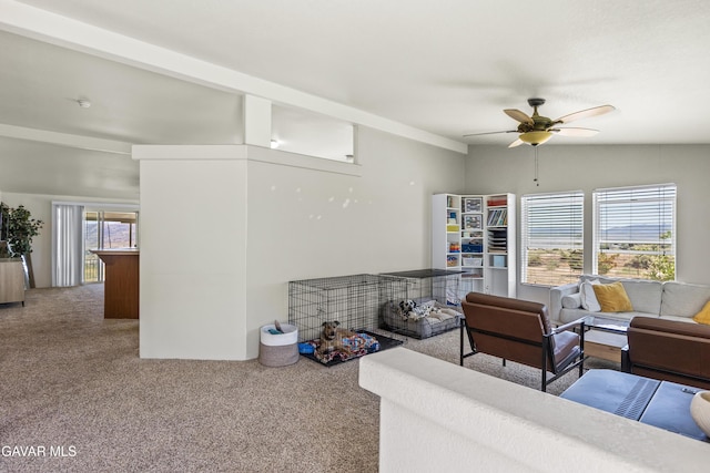 18909 Cheyenne Ave, Tehachapi, CA 93561 - living area with carpet floors, ceiling fan, and lofted ceiling