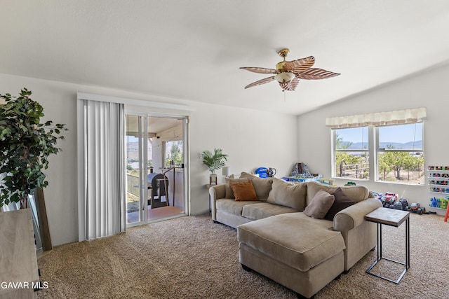 18909 Cheyenne Ave, Tehachapi, CA 93561 - living room featuring carpet flooring, ceiling fan, plenty of natural light, and lofted ceiling