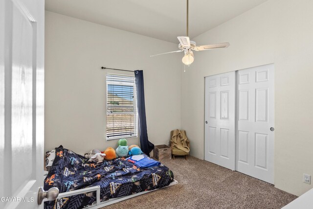 18909 Cheyenne Ave, Tehachapi, CA 93561 - bedroom featuring carpet floors, a closet, a ceiling fan, and lofted ceiling