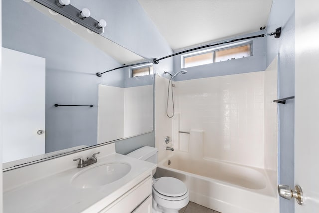 full bath with toilet,  shower combination, a textured ceiling, and vanity