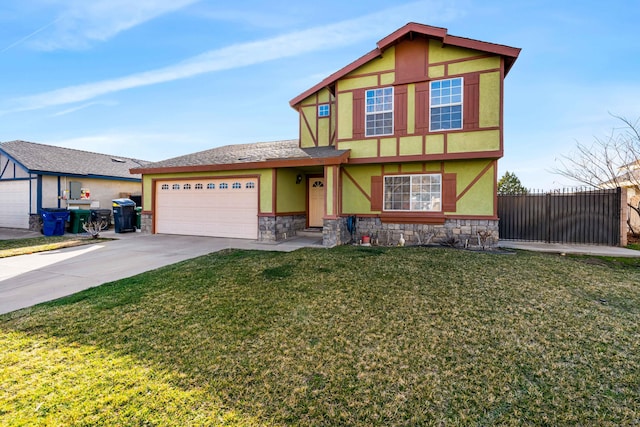 tudor home featuring a front yard, fence, and stucco siding