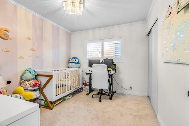 bedroom featuring light colored carpet, an inviting chandelier, a nursery area, and ornamental molding