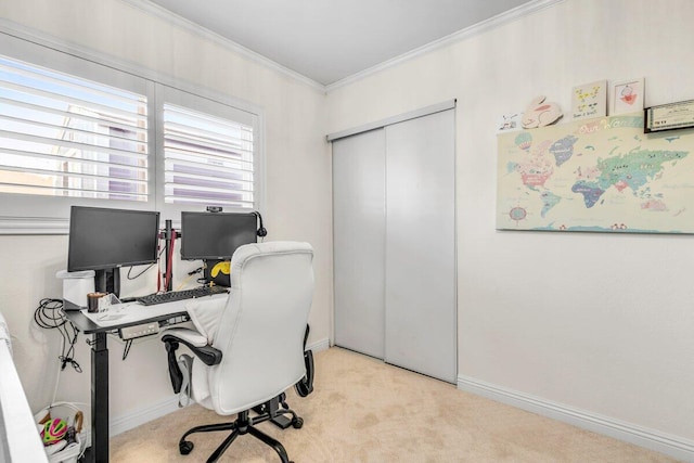 carpeted office with ornamental molding