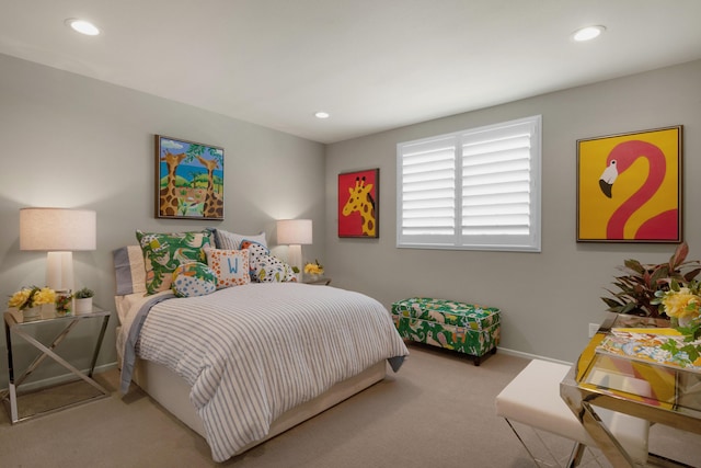 carpeted bedroom with baseboards and recessed lighting