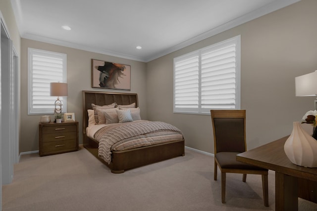 bedroom with light carpet, baseboards, crown molding, and recessed lighting