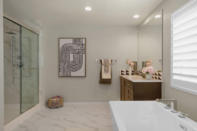 bathroom with recessed lighting, marble finish floor, baseboards, and a marble finish shower