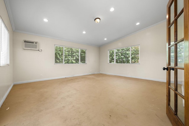 13113 Johnson Rd, Lake Hughes, CA 93532 - unfurnished room featuring a wall mounted air conditioner, light carpet, crown molding, and lofted ceiling