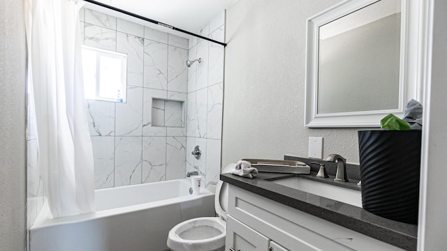 bathroom featuring shower / bath combination with curtain, toilet, vanity, and a textured wall