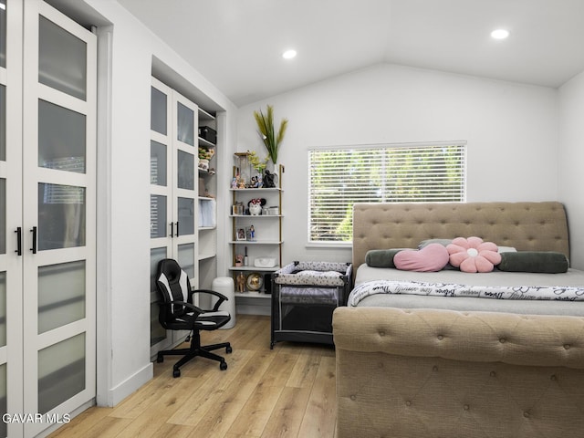 1324 Windermere Ct, Palmdale, CA 93551 - bedroom featuring light wood-type flooring, vaulted ceiling, and recessed lighting