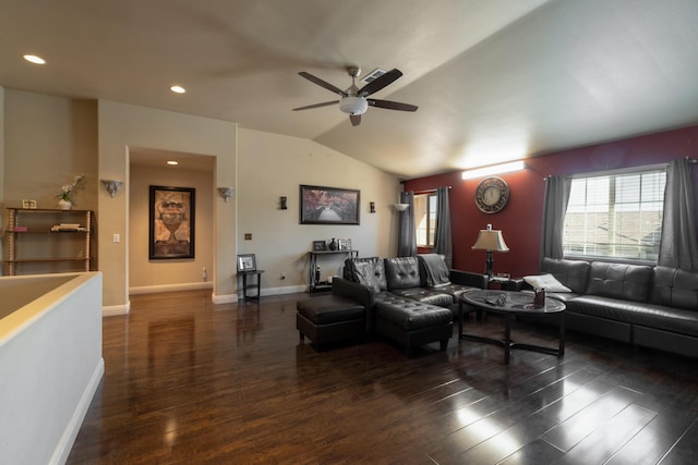 40947 Ridgegate Ln, Palmdale, CA 93551 - living room with lofted ceiling, a ceiling fan, wood finished floors, and recessed lighting