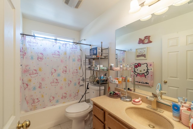 40947 Ridgegate Ln, Palmdale, CA 93551 - full bath featuring vanity, shower / tub combo with curtain, toilet, tile patterned flooring, and visible vents