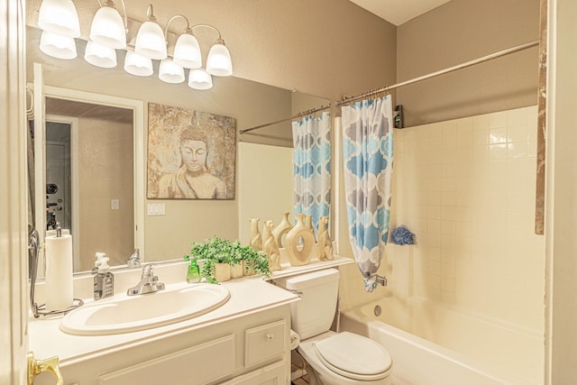 full bathroom featuring shower / bath combination with curtain, toilet, and vanity