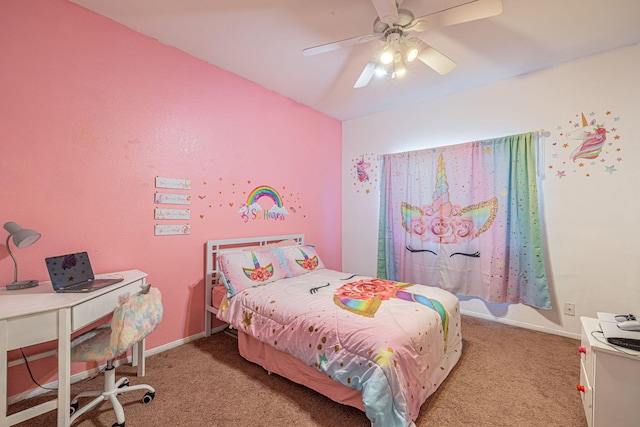 carpeted bedroom featuring a ceiling fan and baseboards