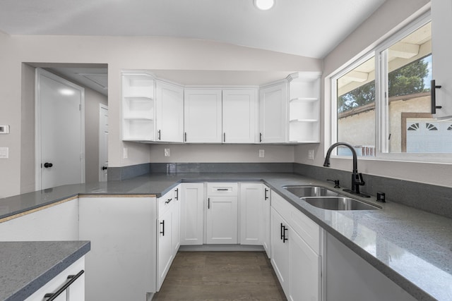 44510 W 21st St, Lancaster, CA 93536 - kitchen featuring open shelves, a sink, white cabinetry, dark stone counters, and dark wood-style flooring