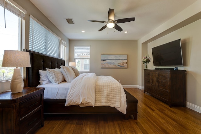 28097 Promontory Ln, Valencia, CA 91354 - bedroom with baseboards, dark wood-style flooring, recessed lighting, and a ceiling fan