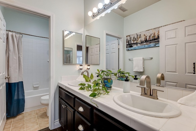 28097 Promontory Ln, Valencia, CA 91354 - bathroom with tile patterned floors, double vanity, shower / bath combo, and toilet