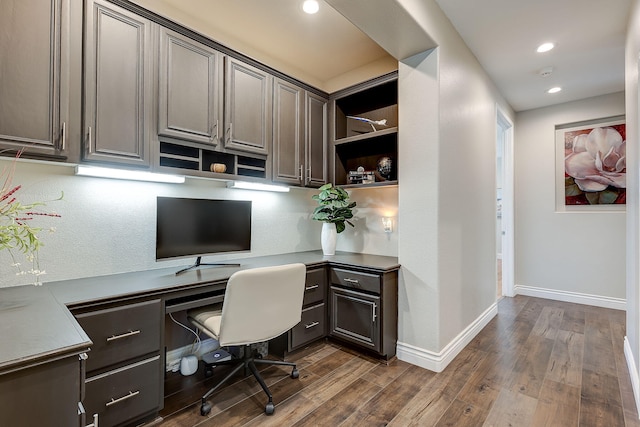 28097 Promontory Ln, Valencia, CA 91354 - office featuring built in desk, dark wood-type flooring, baseboards, and recessed lighting