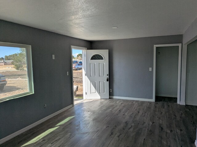 foyer featuring baseboards, wood finished floors, and a textured ceiling